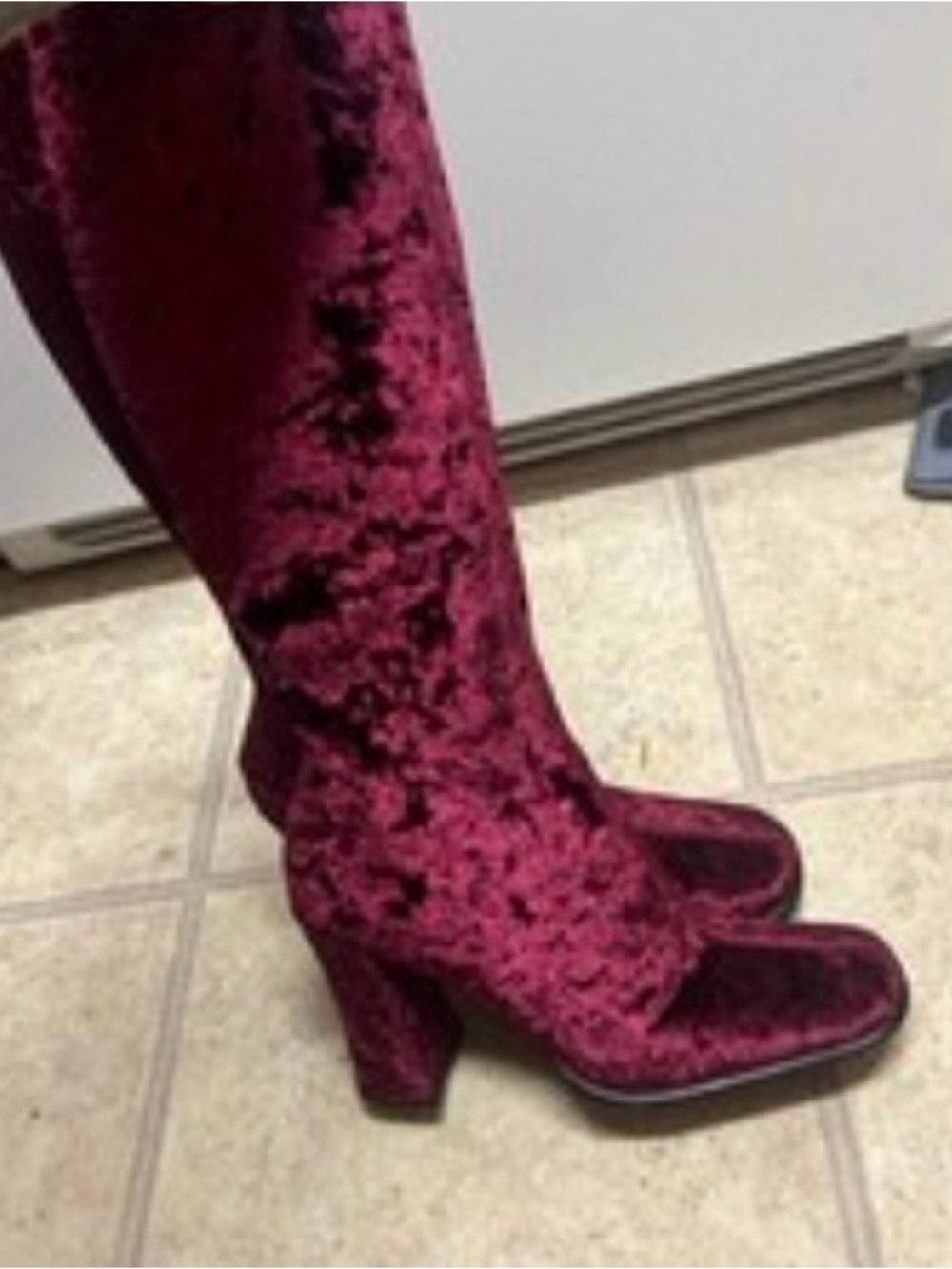 Jeffrey Campbell Burgundy Crushed Velvet Knee-High Block Heel Boots